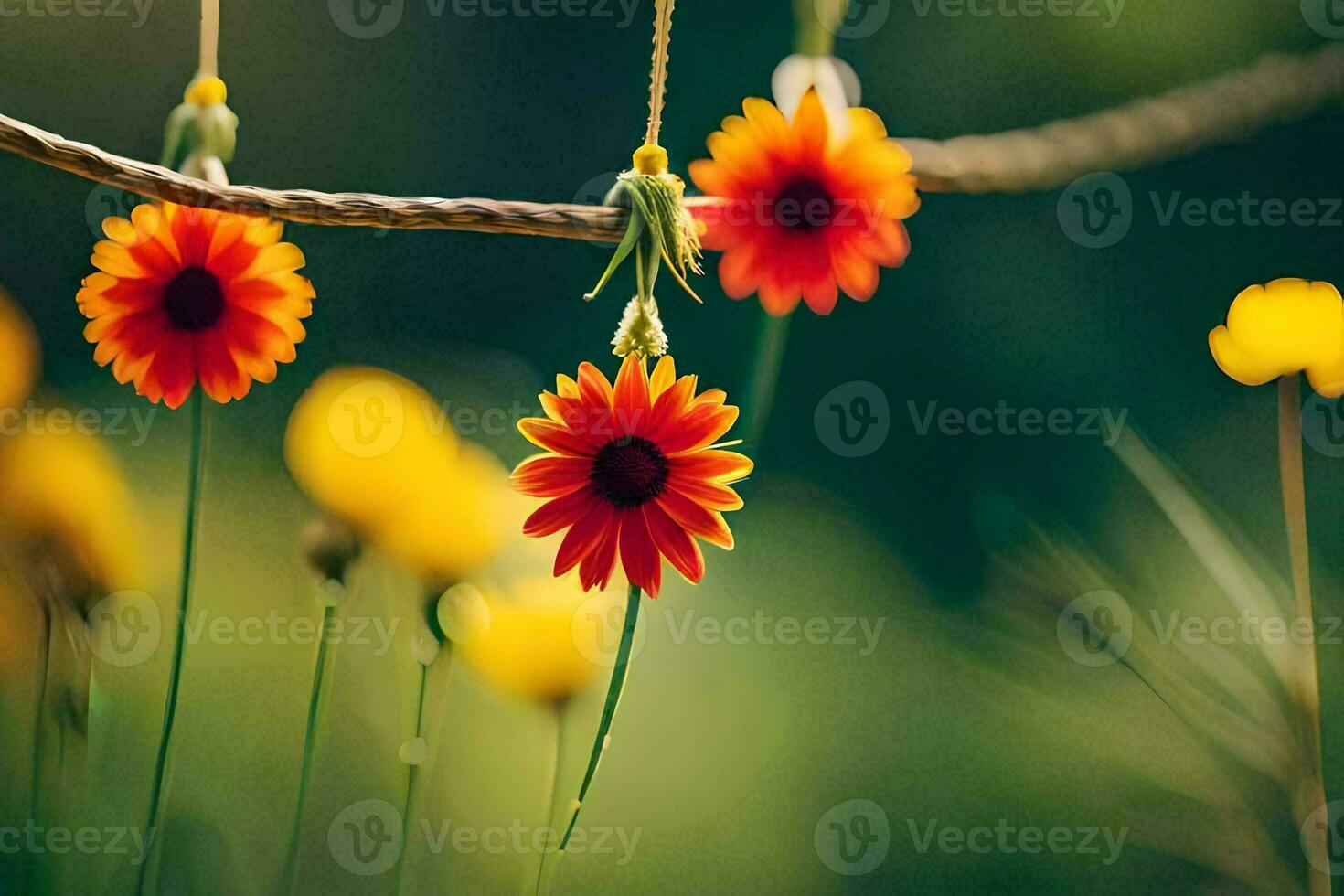 red flowers hanging from a rope. AI-Generated photo