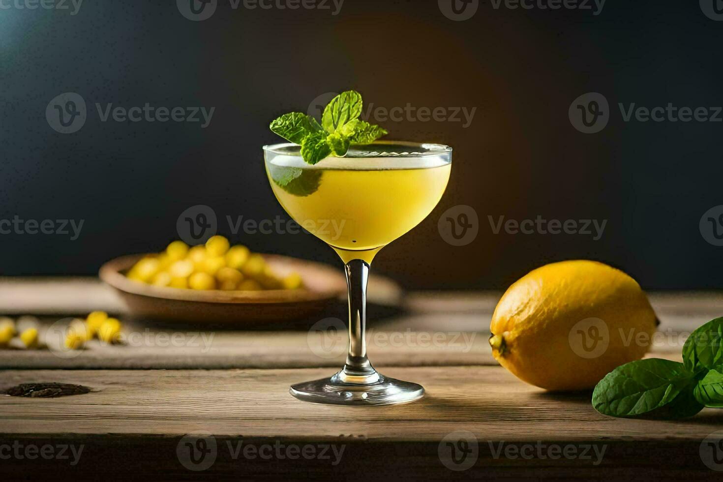 a cocktail with lemon and mint on a wooden table. AI-Generated photo