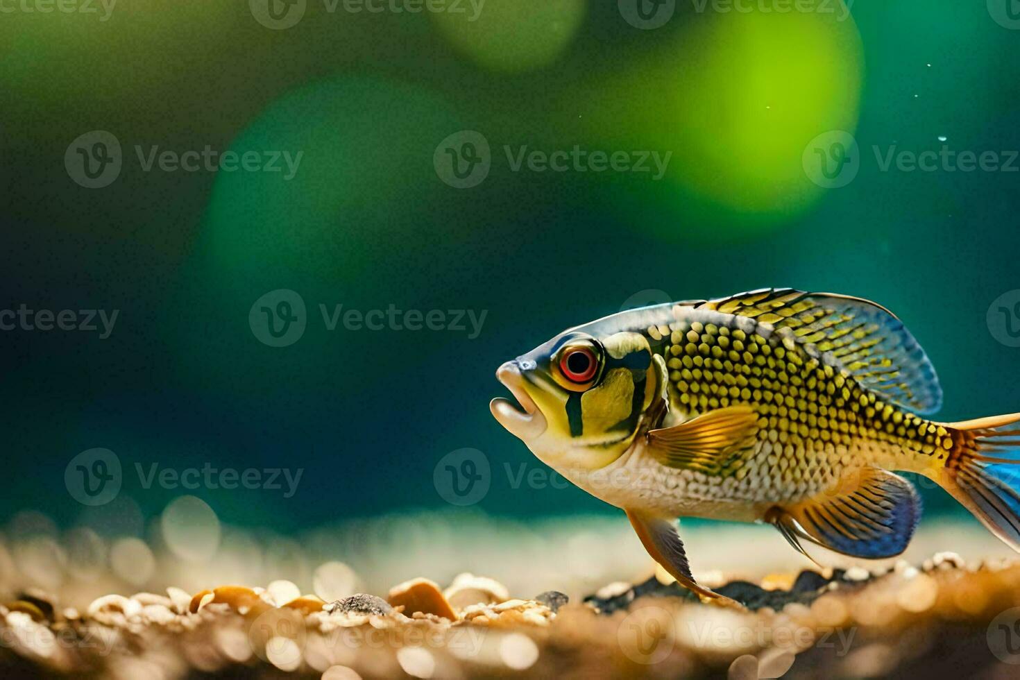 a fish is standing on the ground with a green background. AI-Generated photo