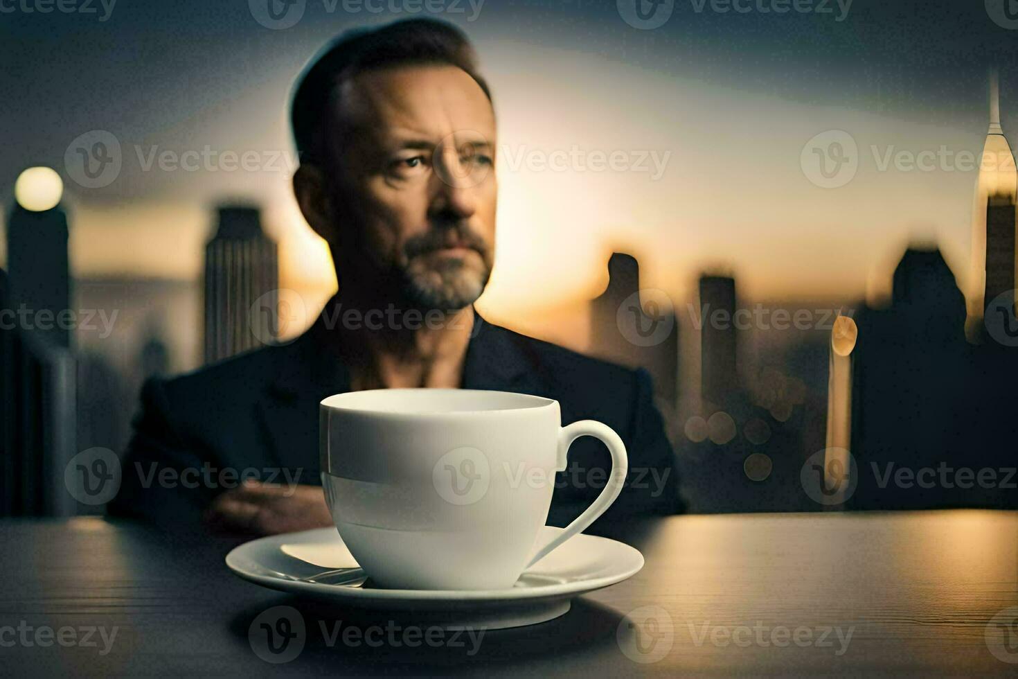 a man in a suit sits at a table with a cup of coffee. AI-Generated photo