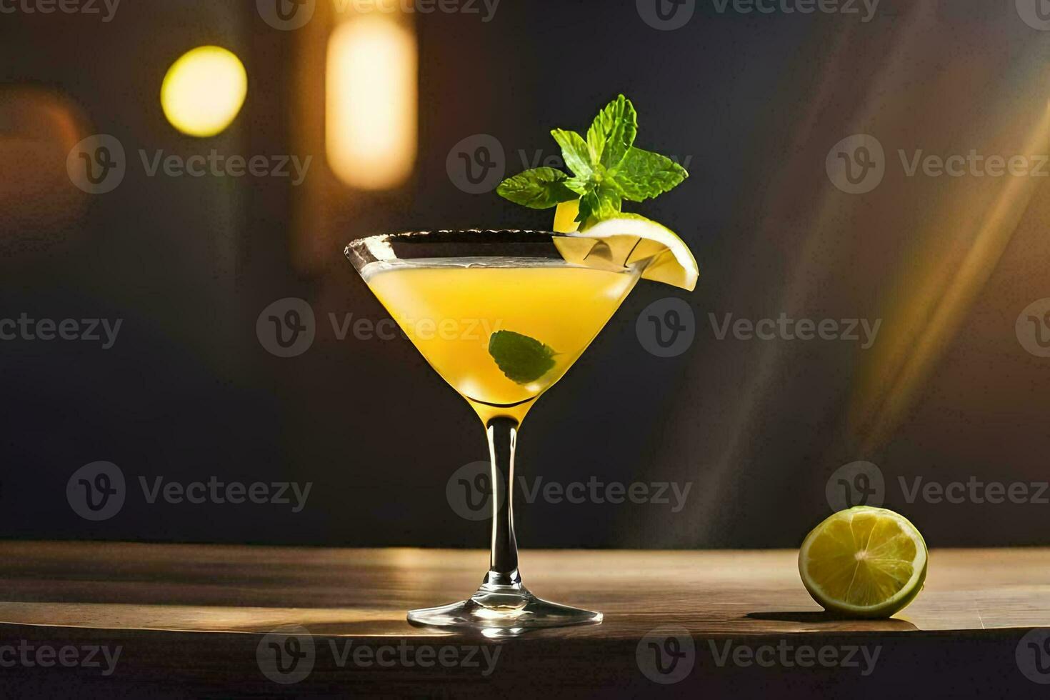 cocktail with mint and lemon on a wooden table. AI-Generated photo