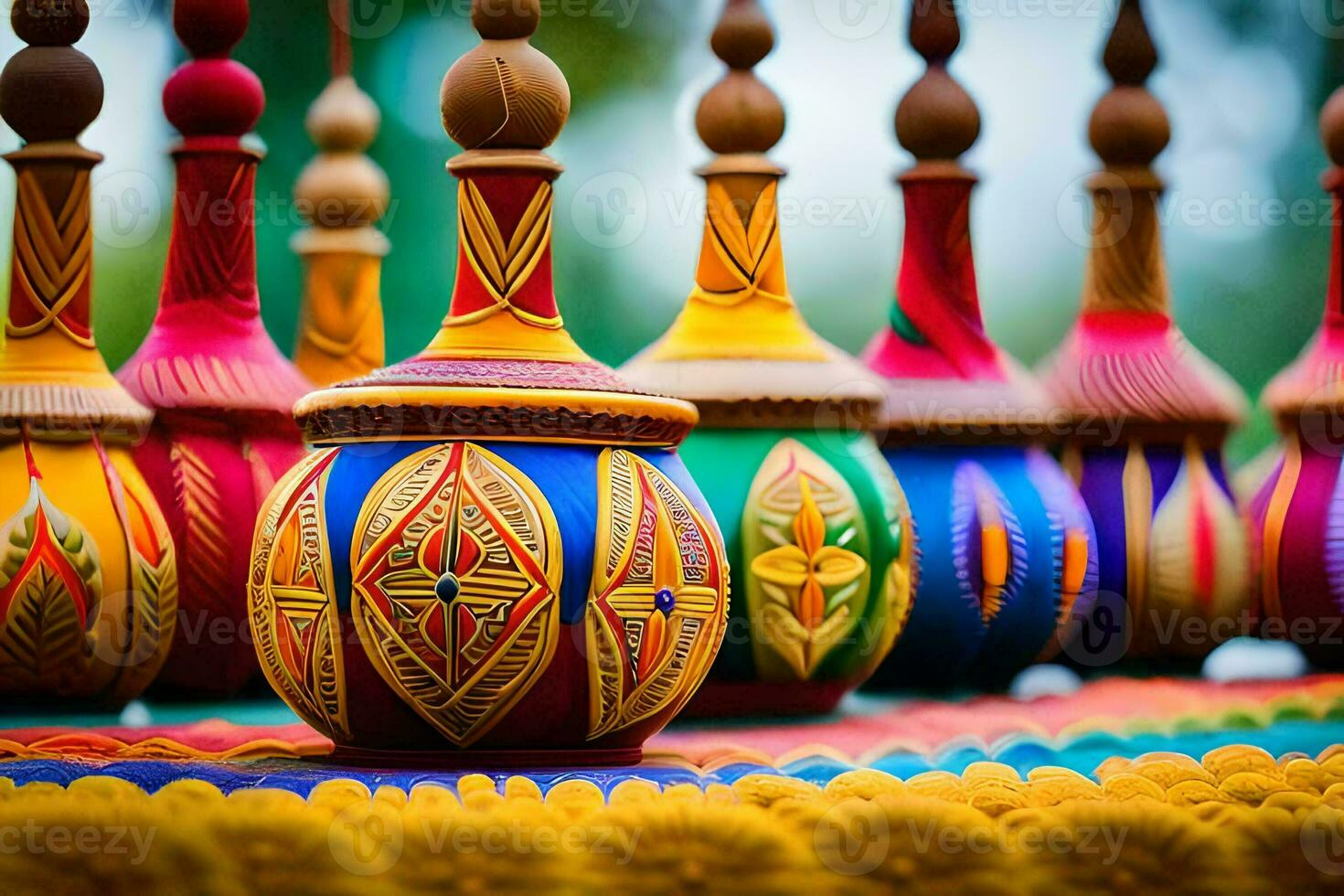 colorful vases are lined up on a table. AI-Generated photo