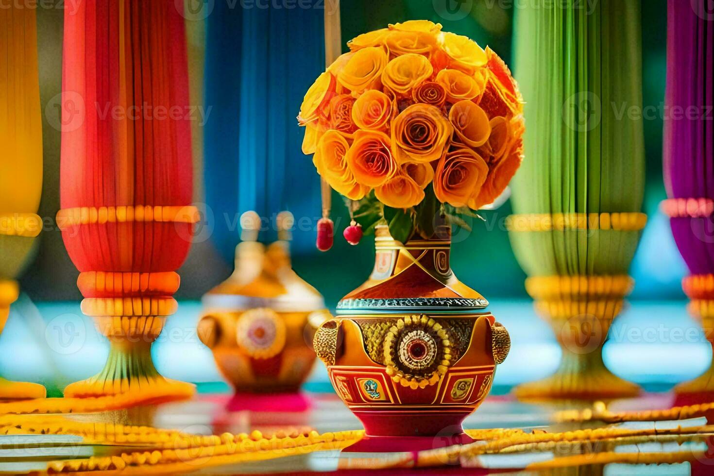 a colorful vase with flowers and beads on a table. AI-Generated photo