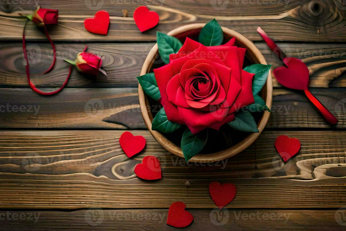 red rose in a bowl on a wooden table. AI-Generated photo