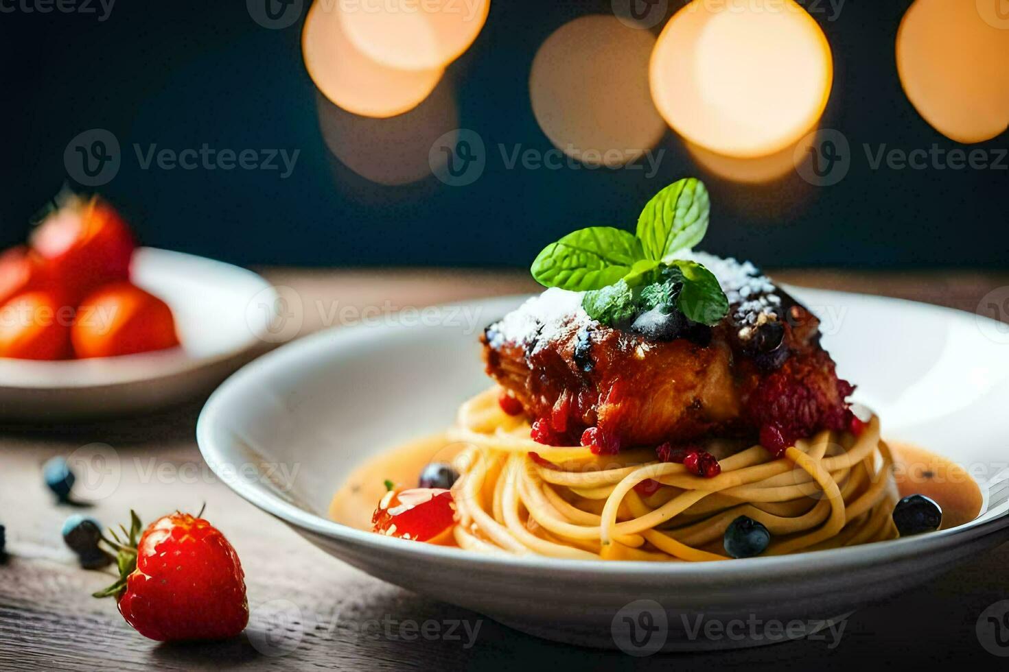 a plate of spaghetti with meat and berries. AI-Generated photo