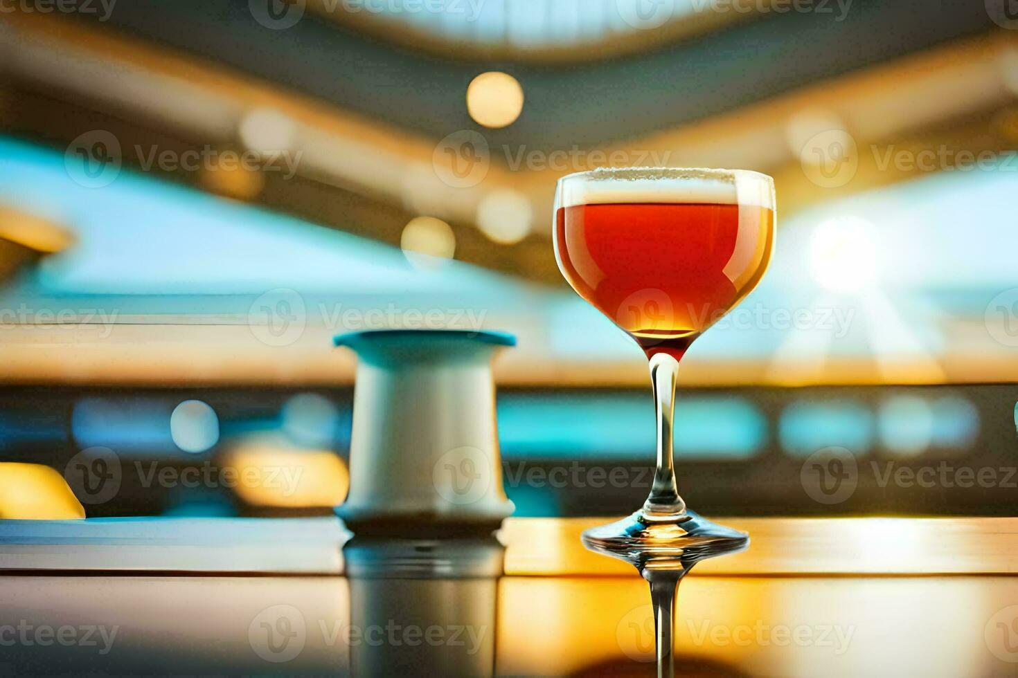 a glass of red wine sitting on a table. AI-Generated photo