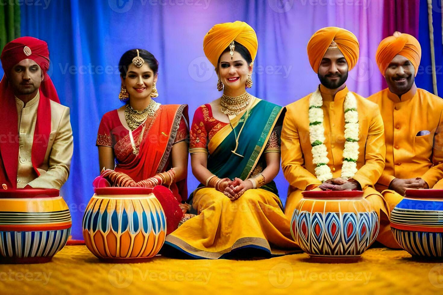 a group of people in colorful outfits sitting on a rug. AI-Generated photo