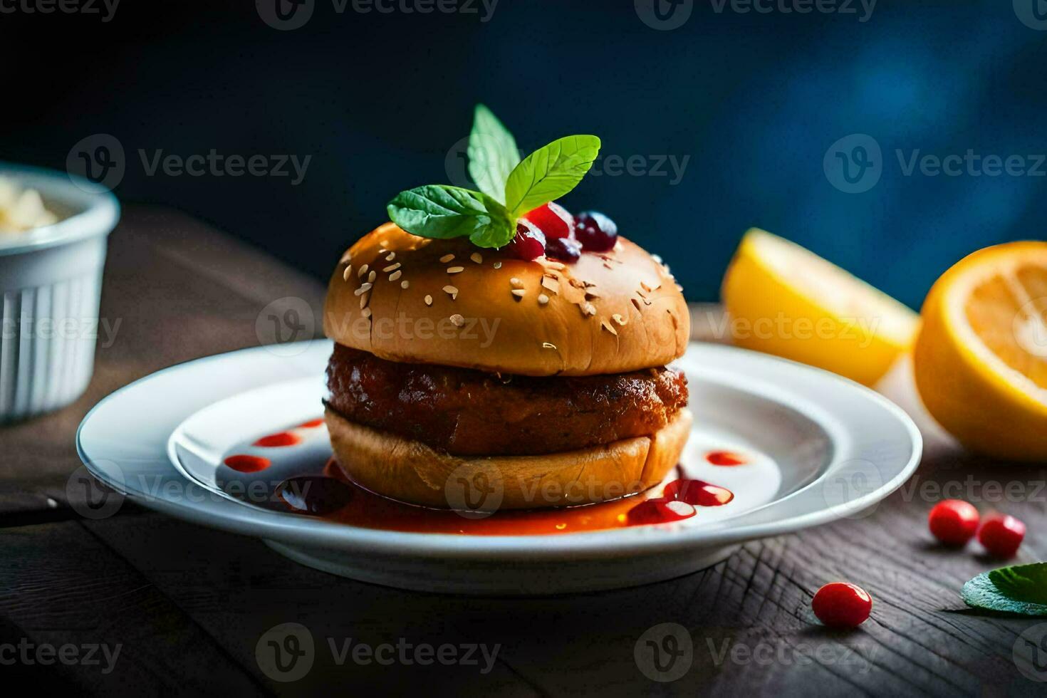 a hamburger on a plate with a lemon. AI-Generated photo