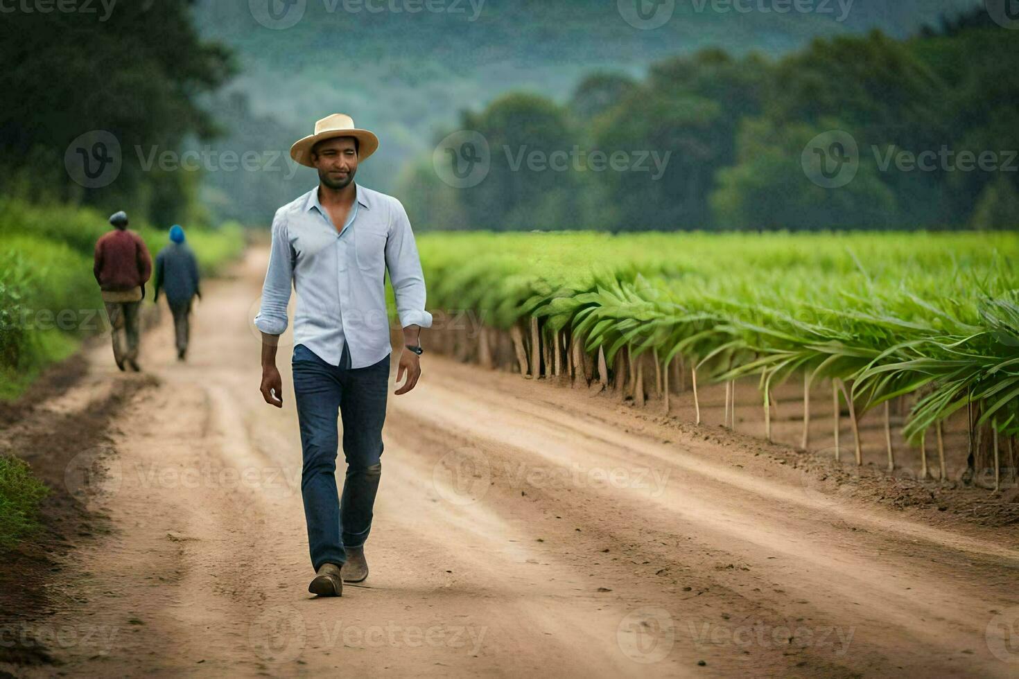 a man walking down a dirt road with a hat on. AI-Generated photo