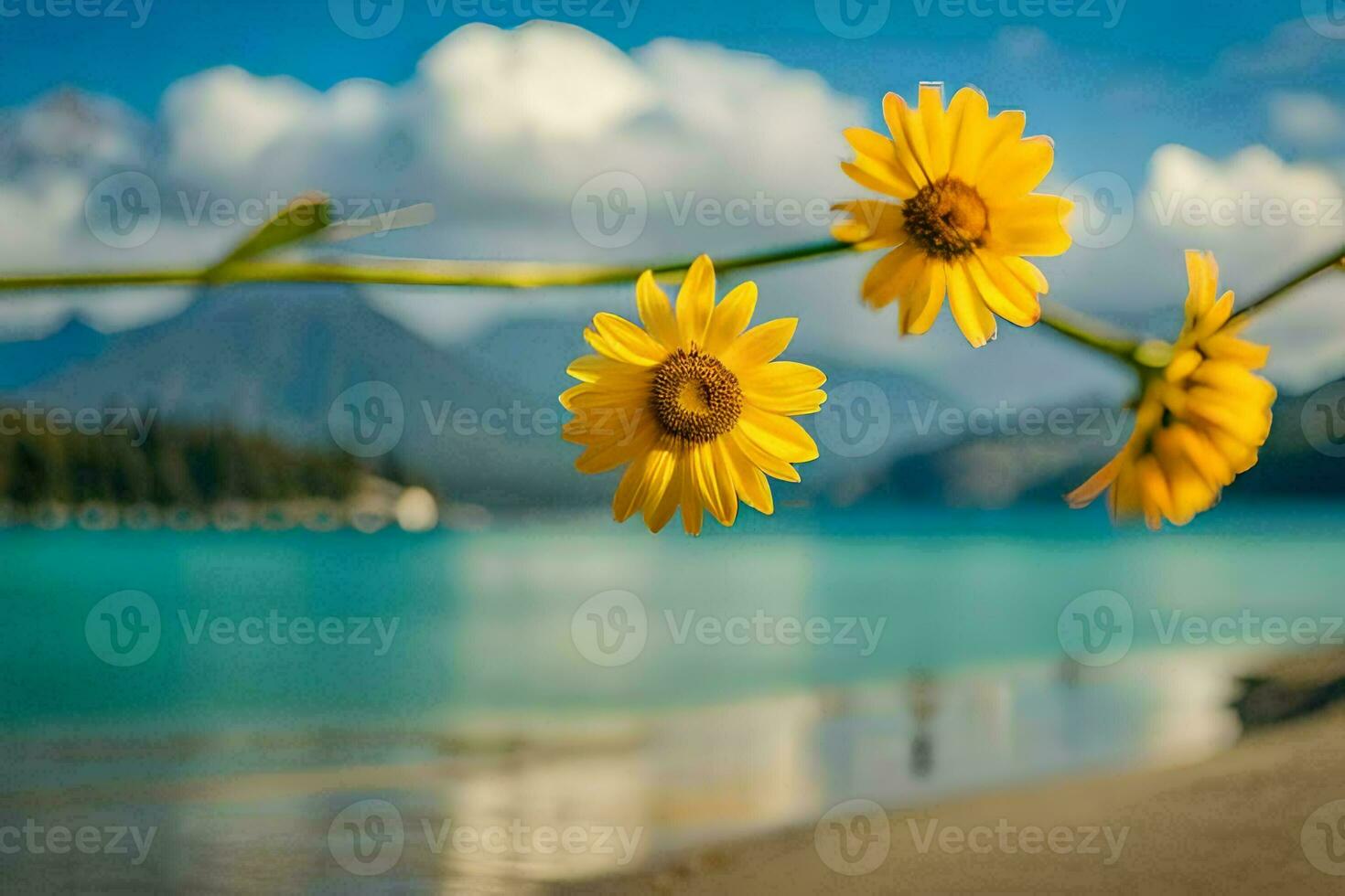 yellow flowers on the beach with mountains in the background. AI-Generated photo
