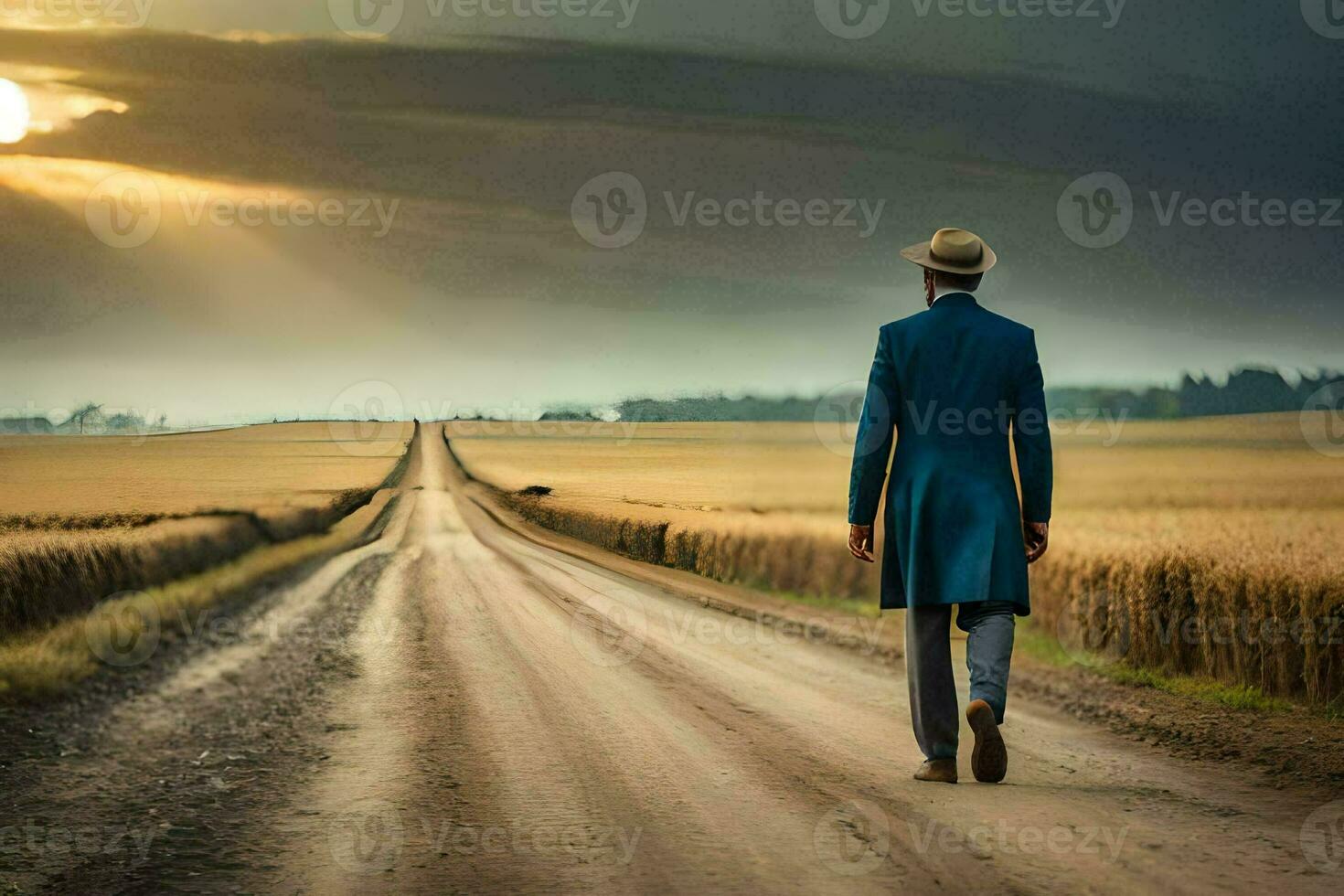 a man in a blue suit and hat walks down a dirt road. AI-Generated photo
