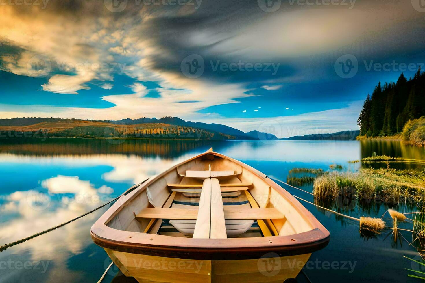 a boat on the lake with a sky and clouds. AI-Generated photo