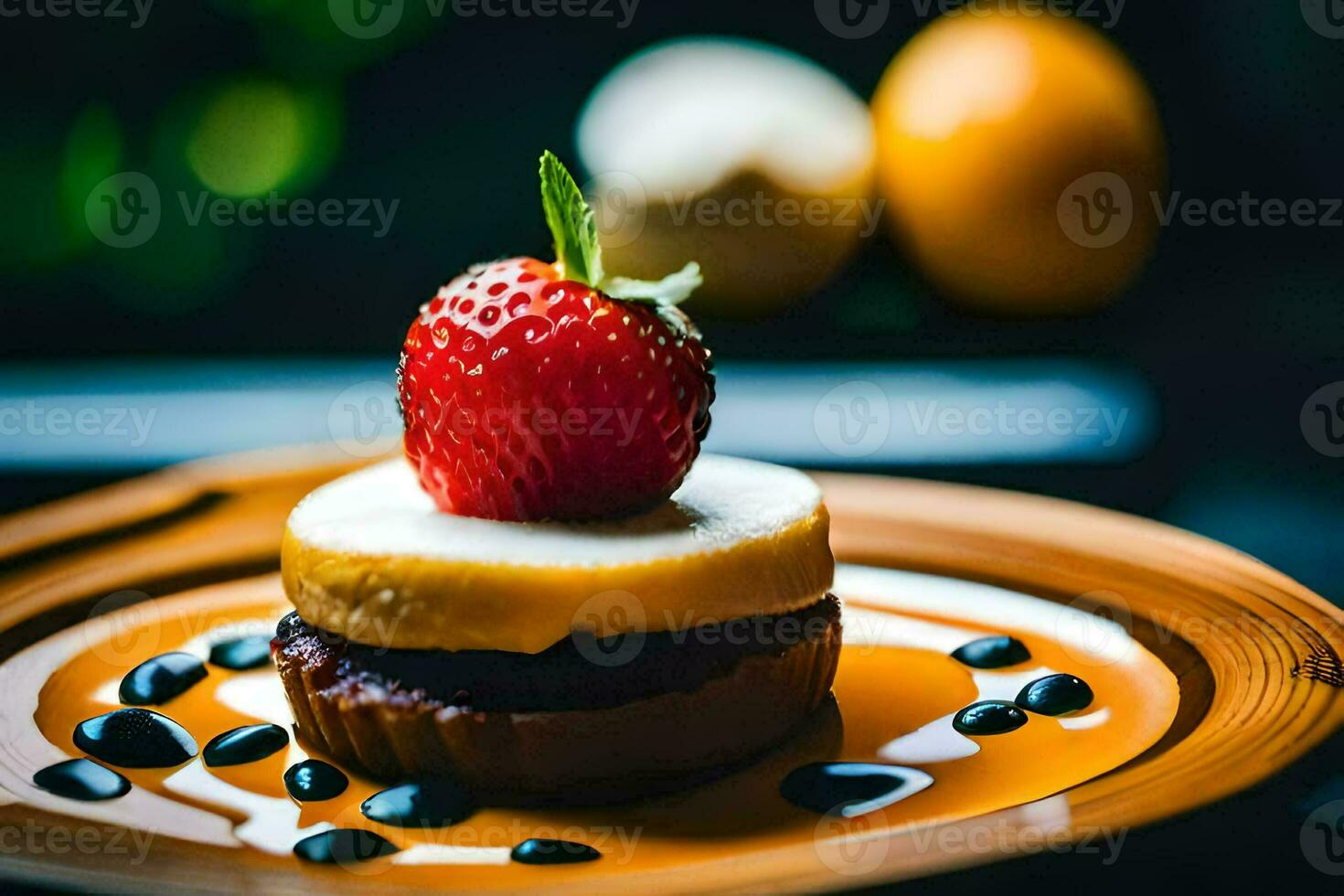a dessert with a strawberry on top. AI-Generated photo