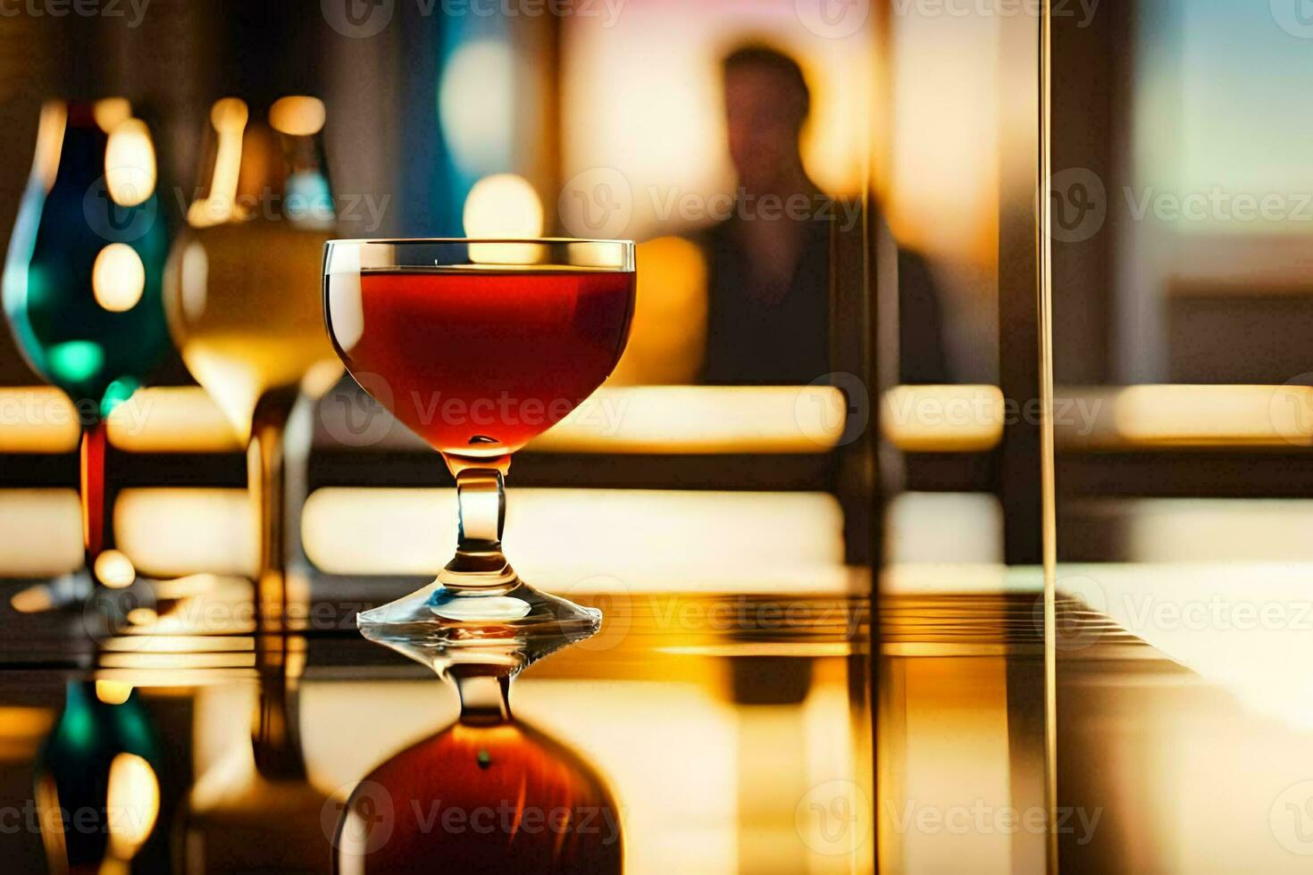 a glass of red wine sitting on a bar. AI-Generated photo