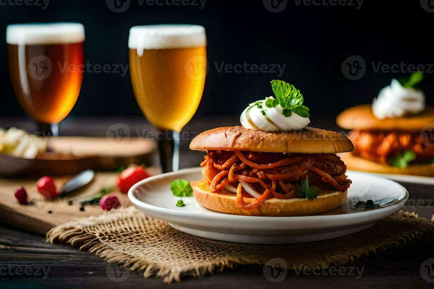 two sandwiches with cheese and beer on a table. AI-Generated photo