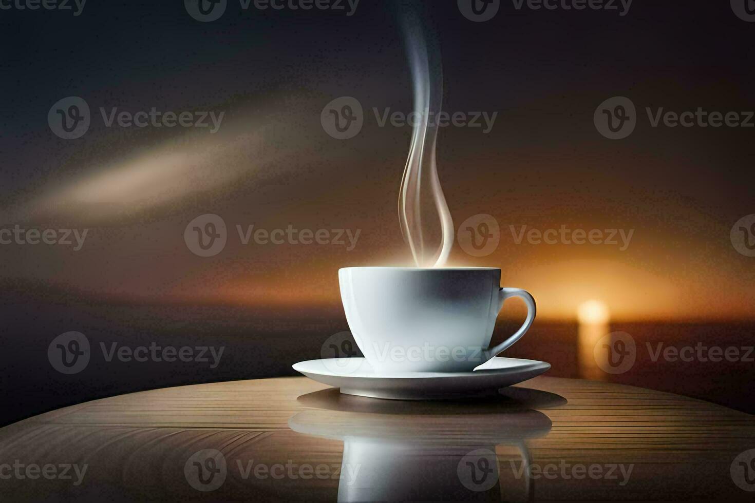 a cup of coffee on a table with a sunset in the background. AI-Generated photo