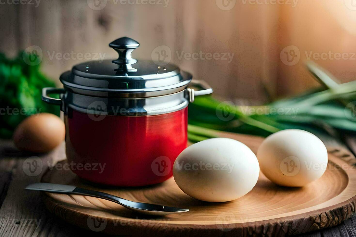 eggs on a wooden board with a red pot. AI-Generated photo