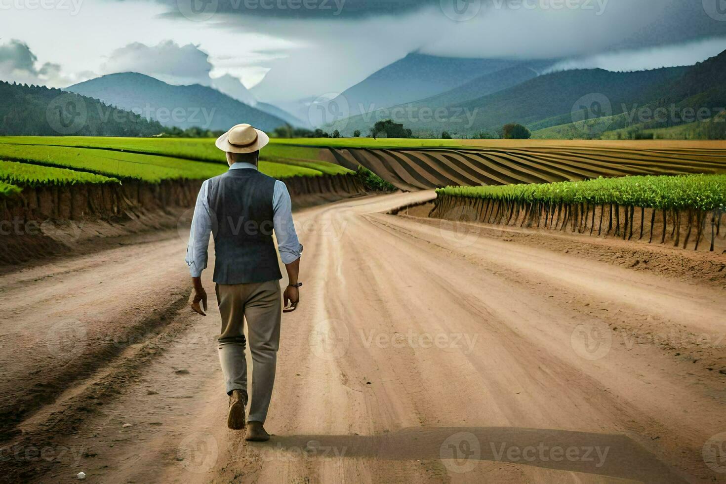 a man walking down a dirt road in front of a field. AI-Generated photo