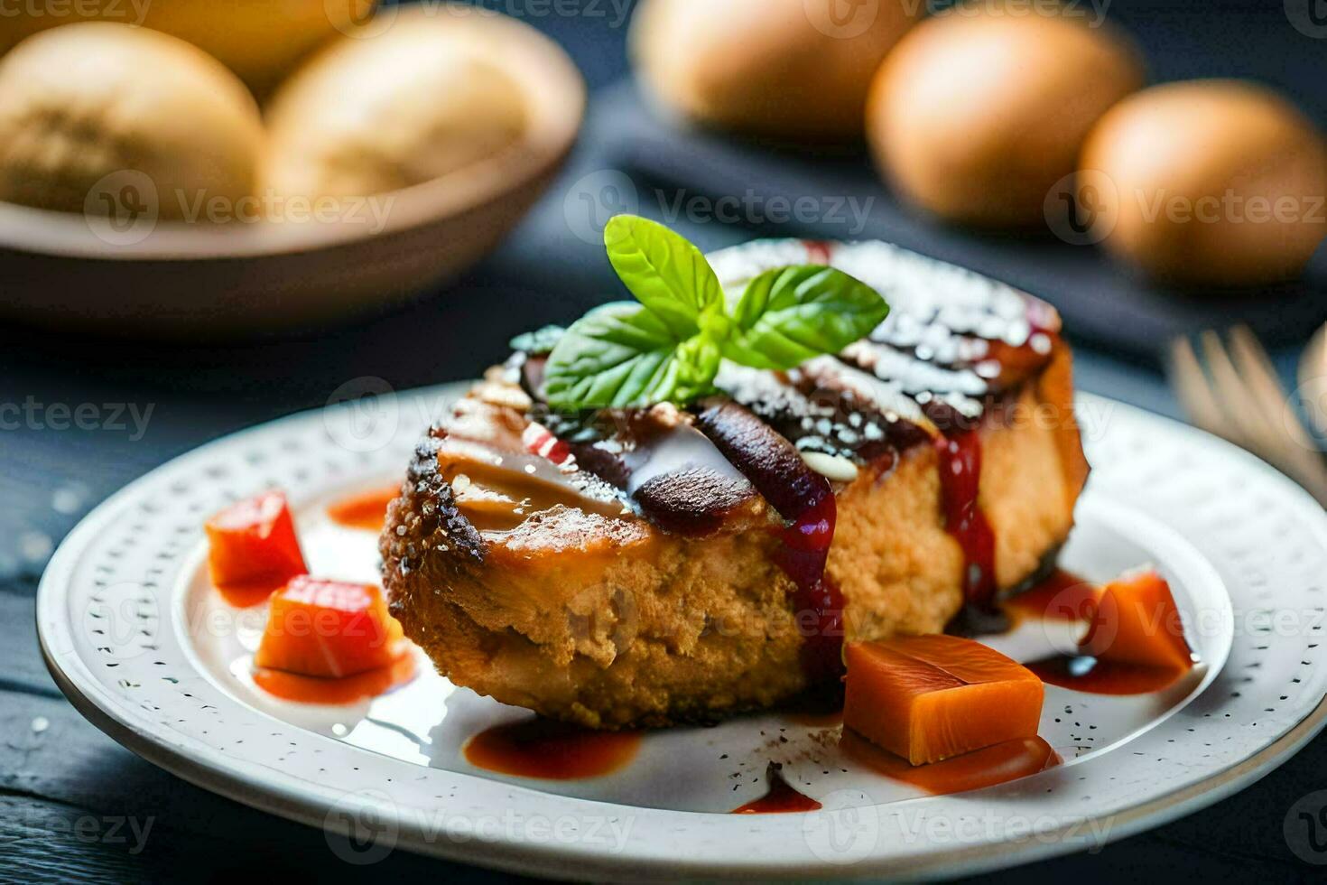 a piece of cake with sauce and vegetables. AI-Generated photo