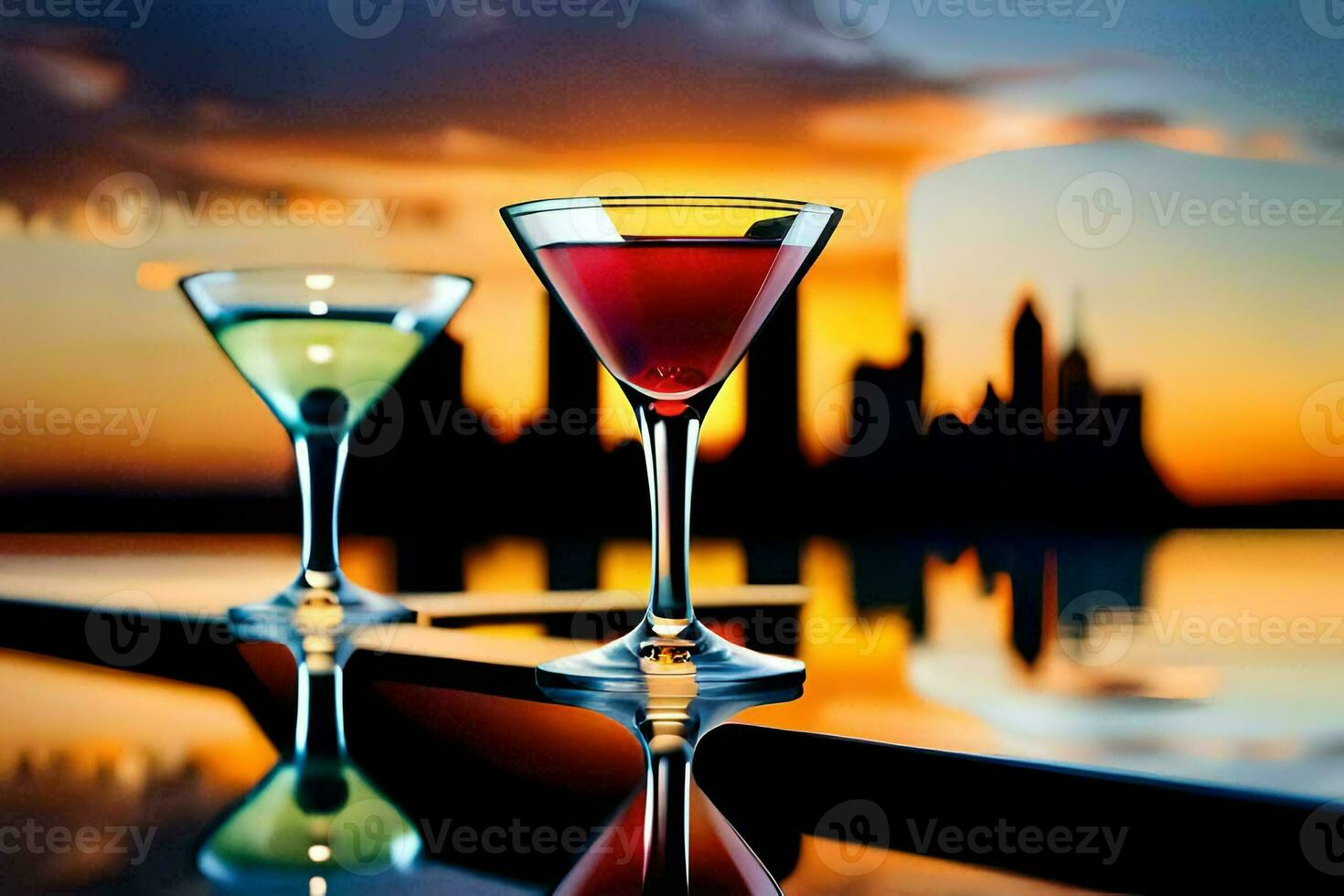 two glasses of cocktails on a table with a city skyline in the background. AI-Generated photo