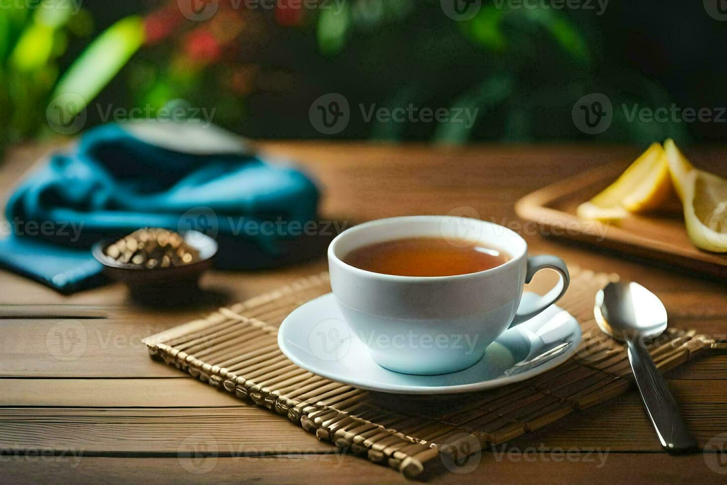 a cup of tea on a wooden table. AI-Generated photo