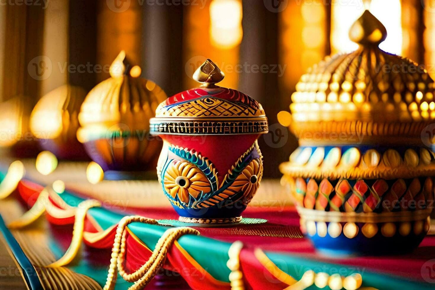 golden vases on a red table with gold decorations. AI-Generated photo