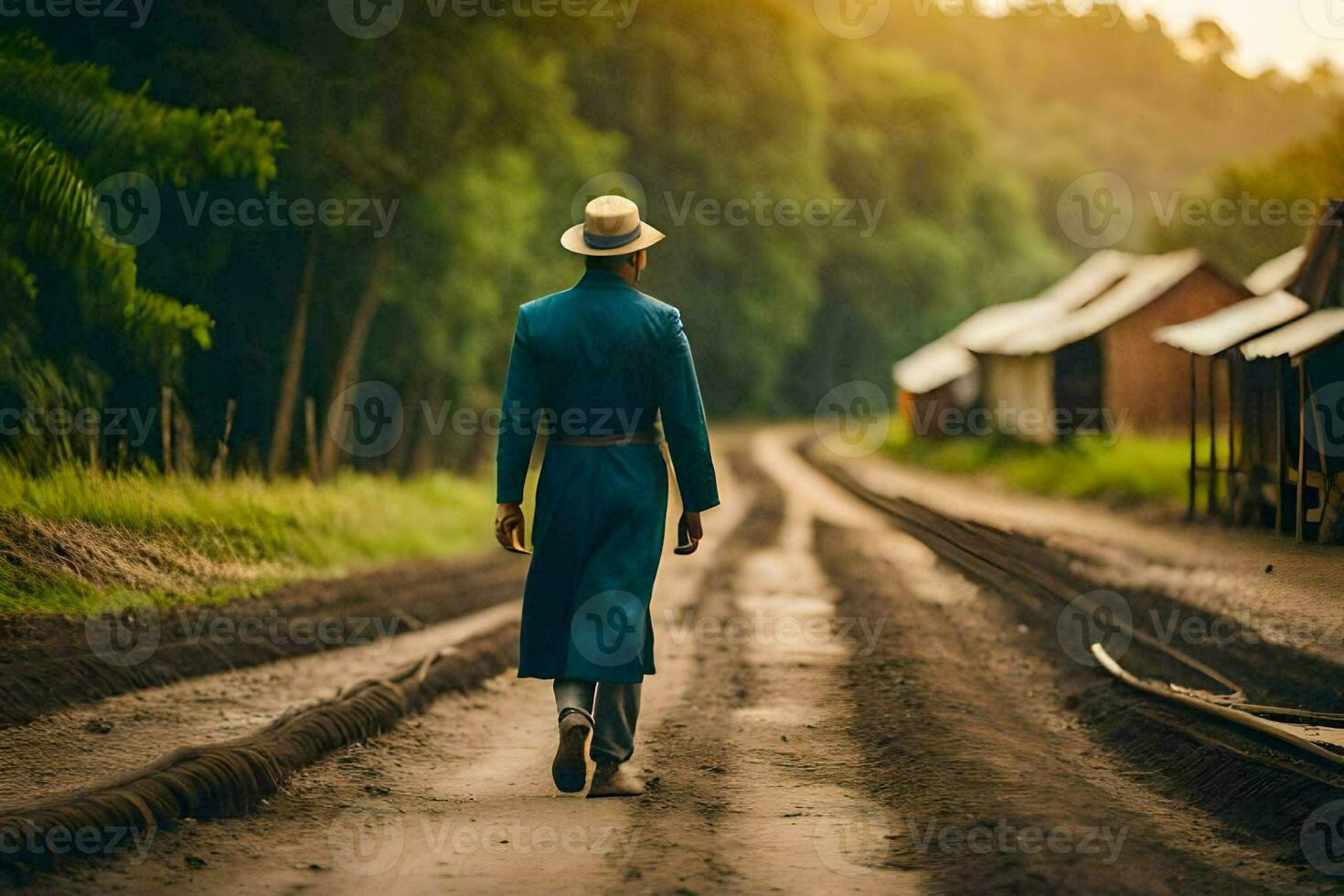 a man in a hat and coat walking down a dirt road. AI-Generated photo