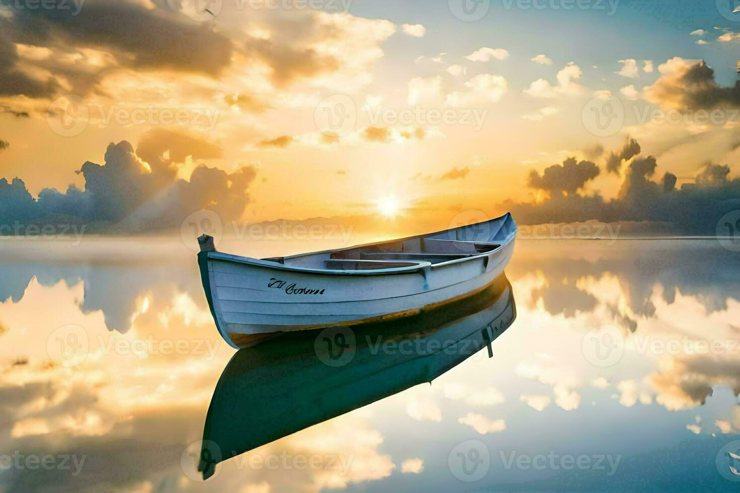 a boat is floating in the water at sunset. AI-Generated photo