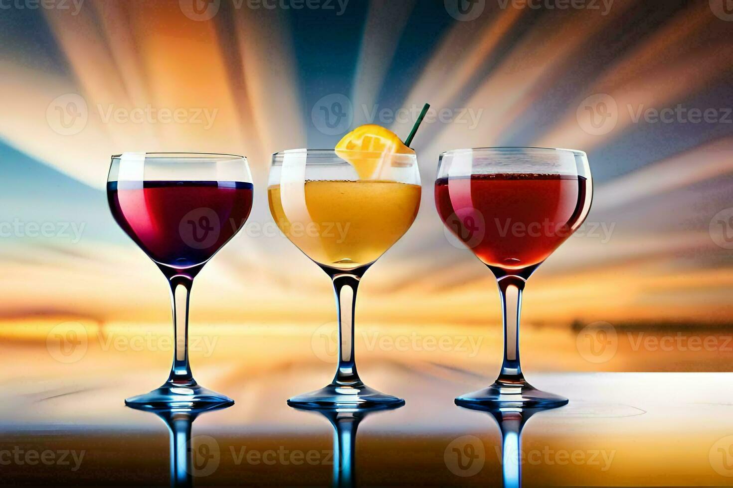 three glasses of wine with orange and lemon slices. AI-Generated photo
