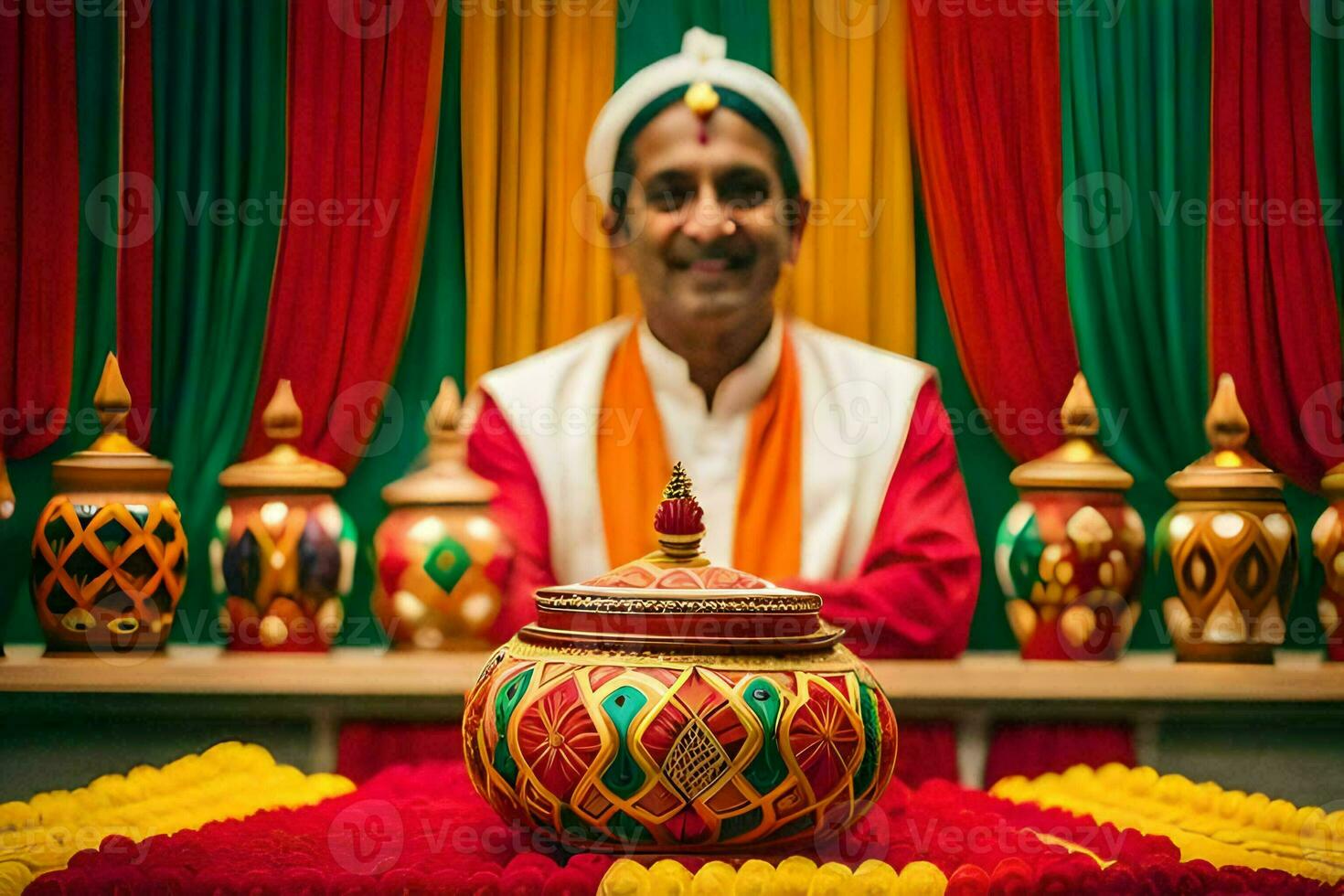 a man in a red and yellow turban standing in front of a colorful pot. AI-Generated photo