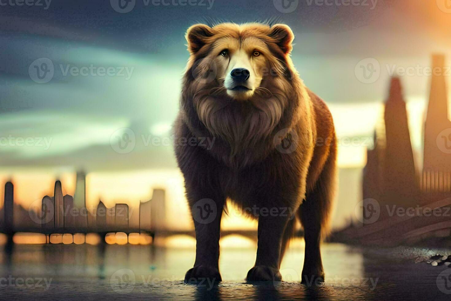a large brown dog stands in front of a city. AI-Generated photo