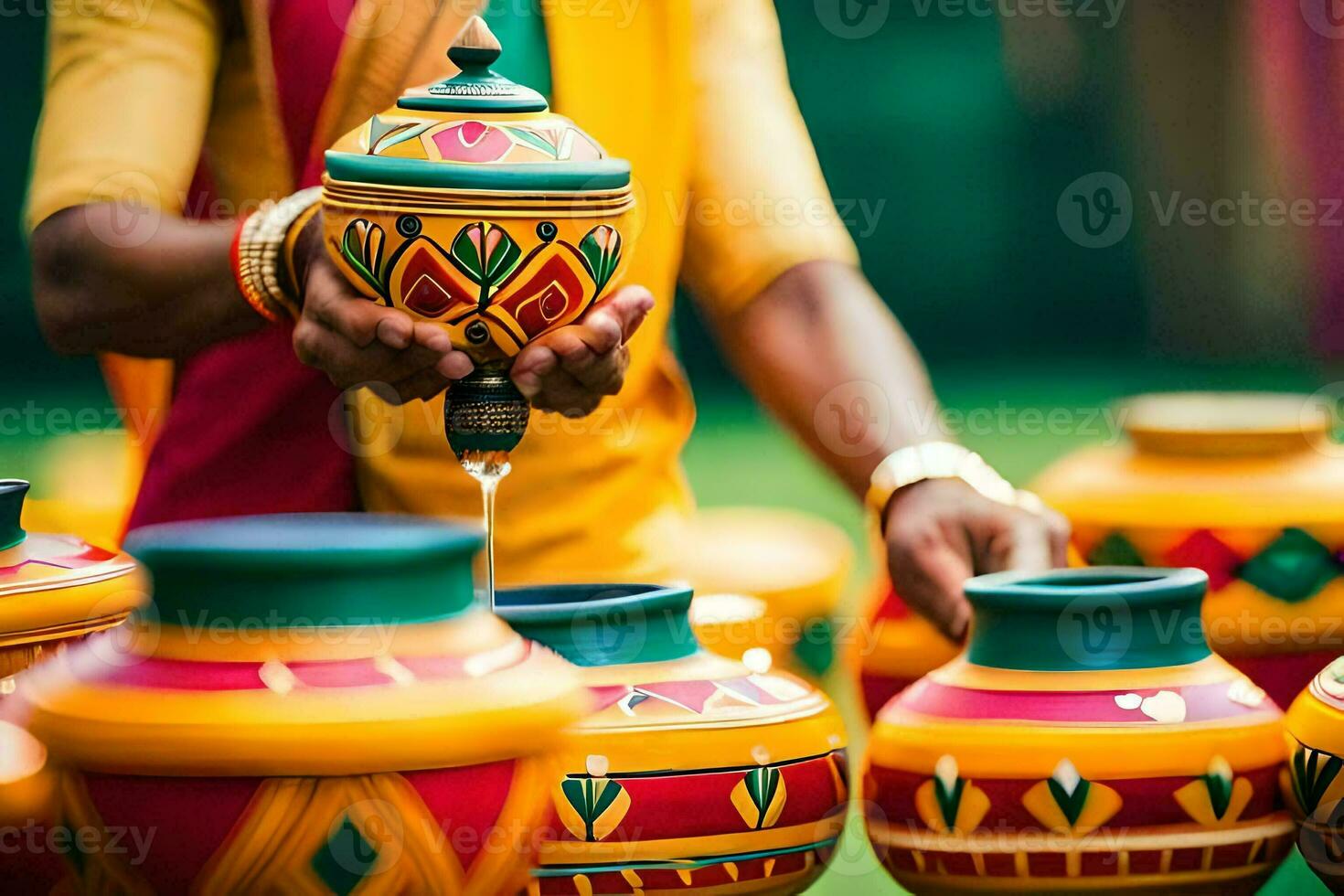 a woman is pouring water into colorful pots. AI-Generated photo