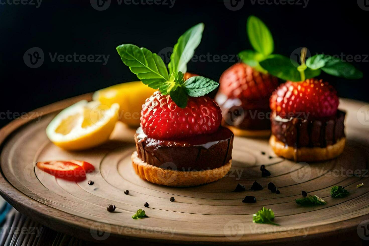 three small desserts with strawberries and chocolate. AI-Generated photo