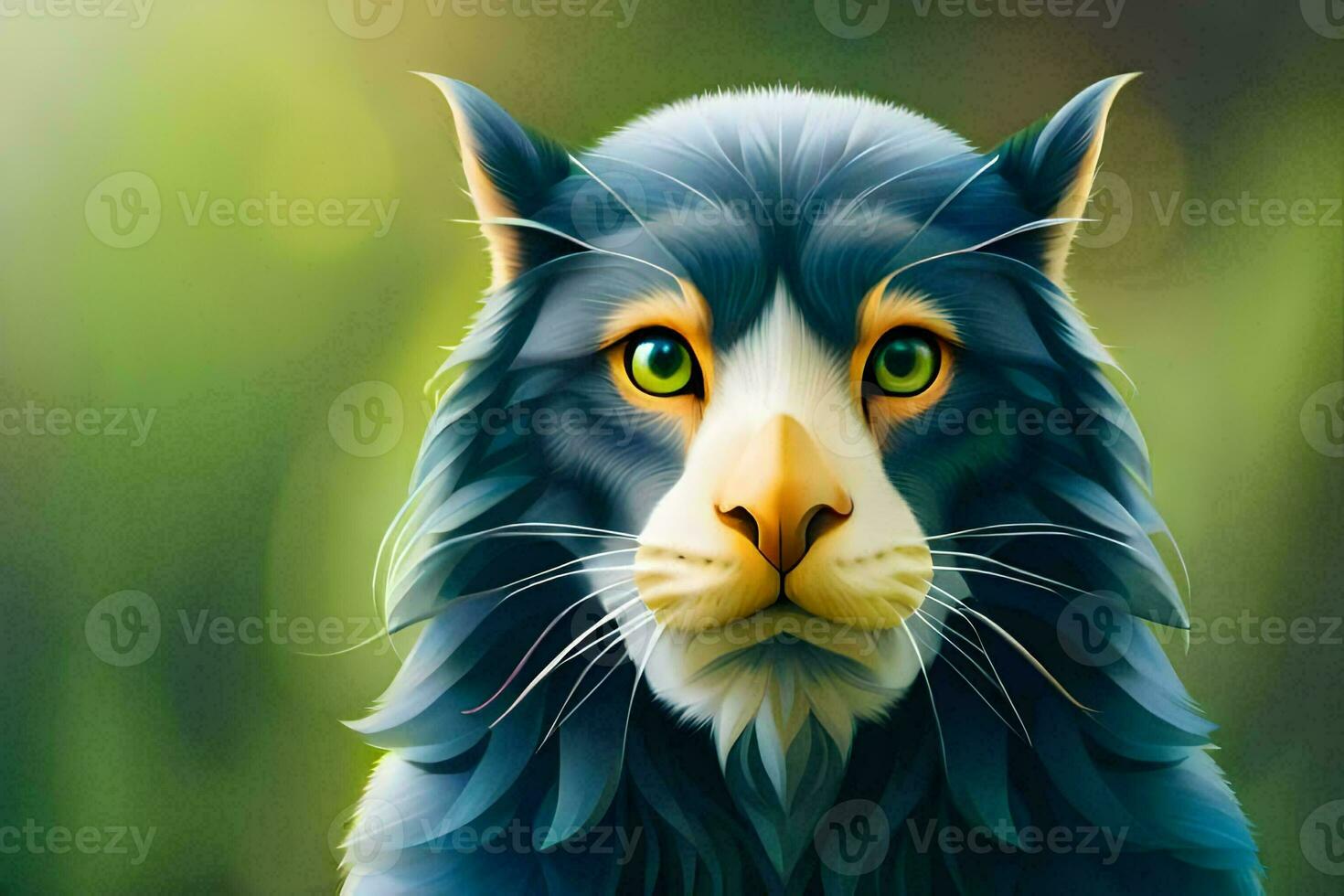 a digital painting of a cat with green eyes. AI-Generated photo