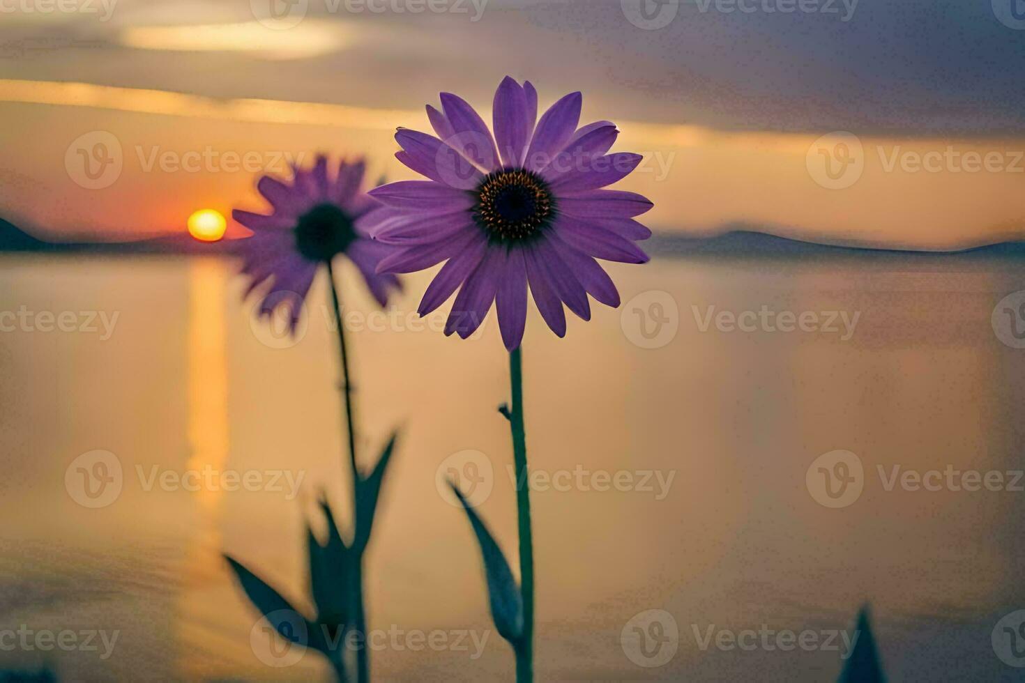 two purple flowers are standing in front of the sun. AI-Generated photo