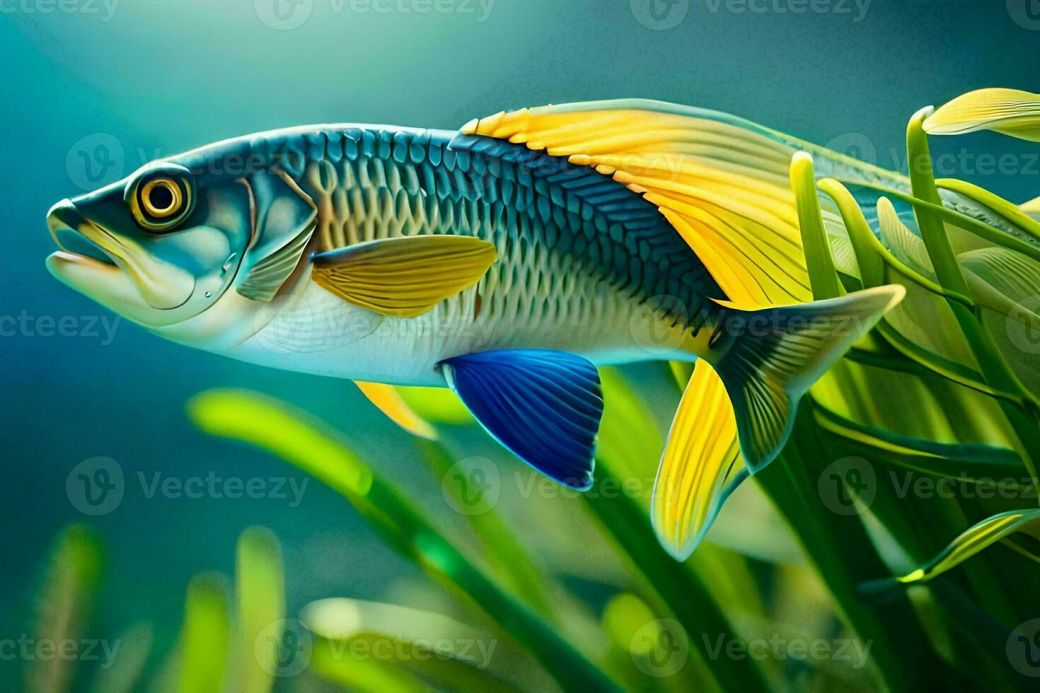 fish in the water with grass and plants. AI-Generated photo
