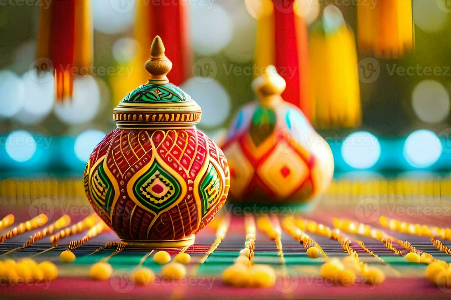 colorful vases on a table with colorful beads. AI-Generated photo