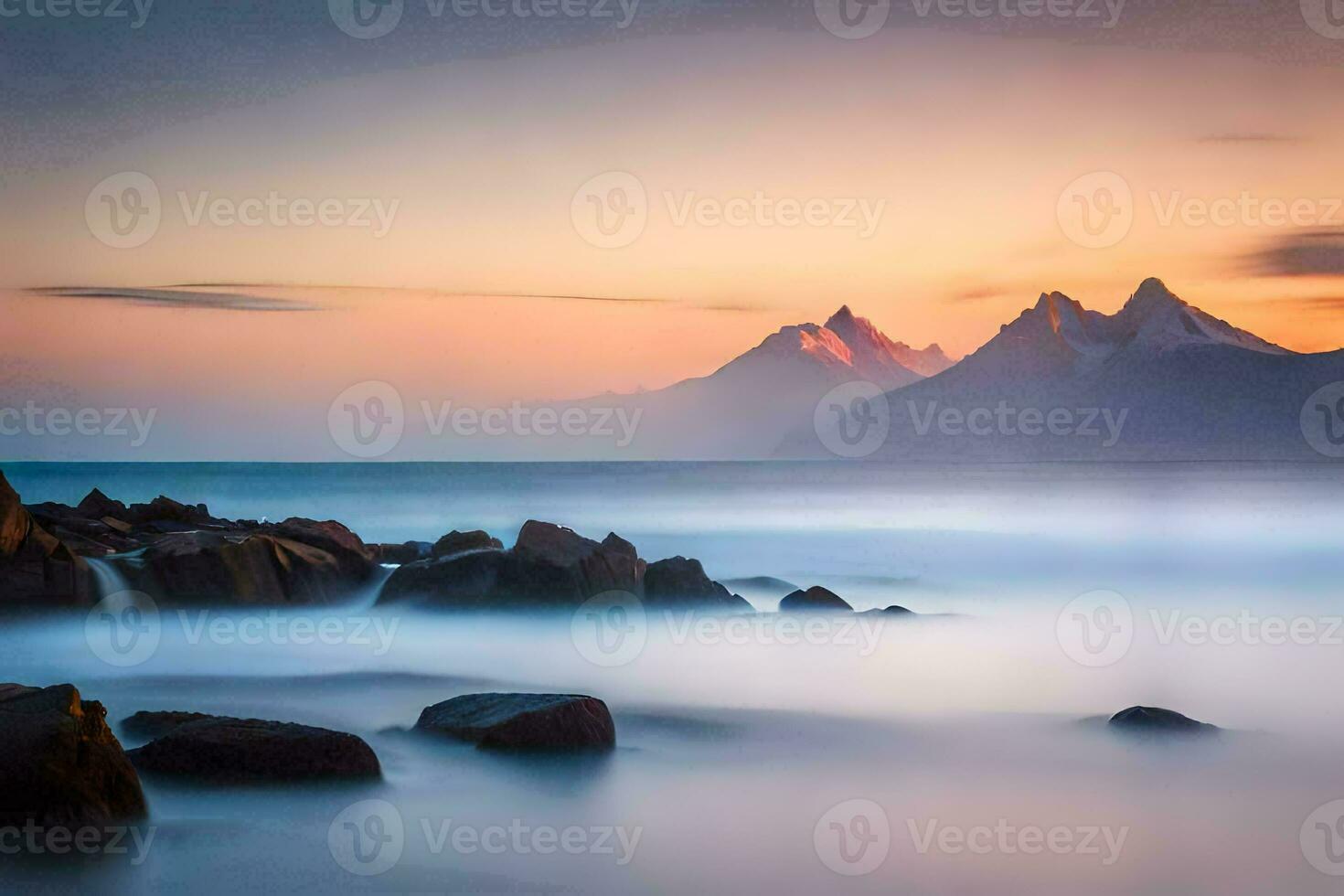 a long exposure photograph of a mountain range at sunset. AI-Generated photo