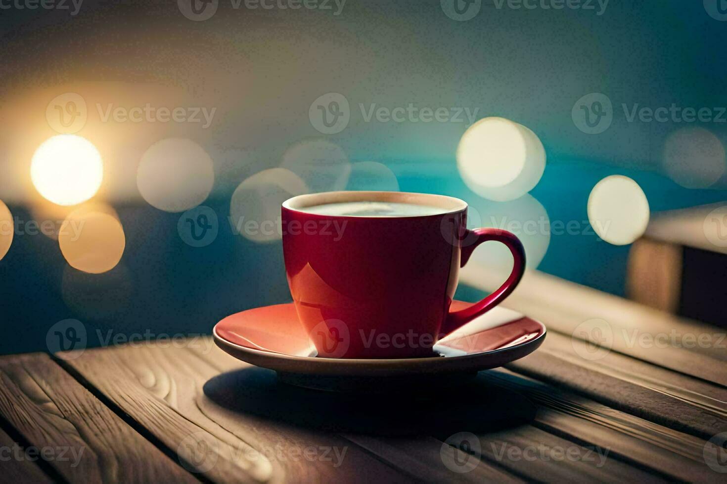 a red cup of coffee on a wooden table. AI-Generated photo