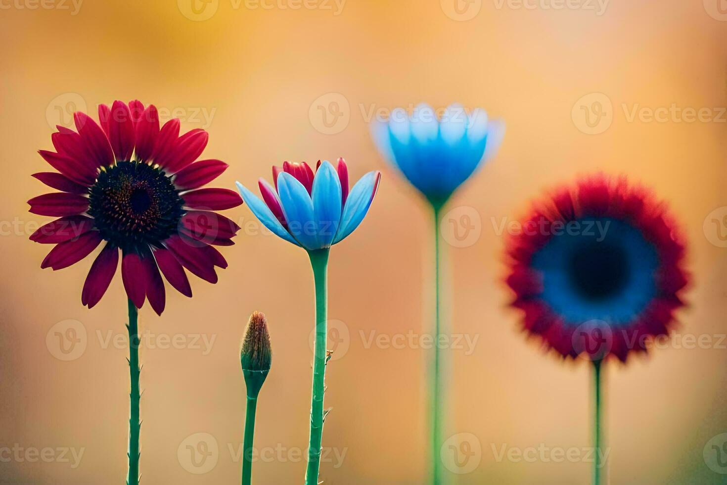 three red and blue flowers are standing in front of a blurred background. AI-Generated photo