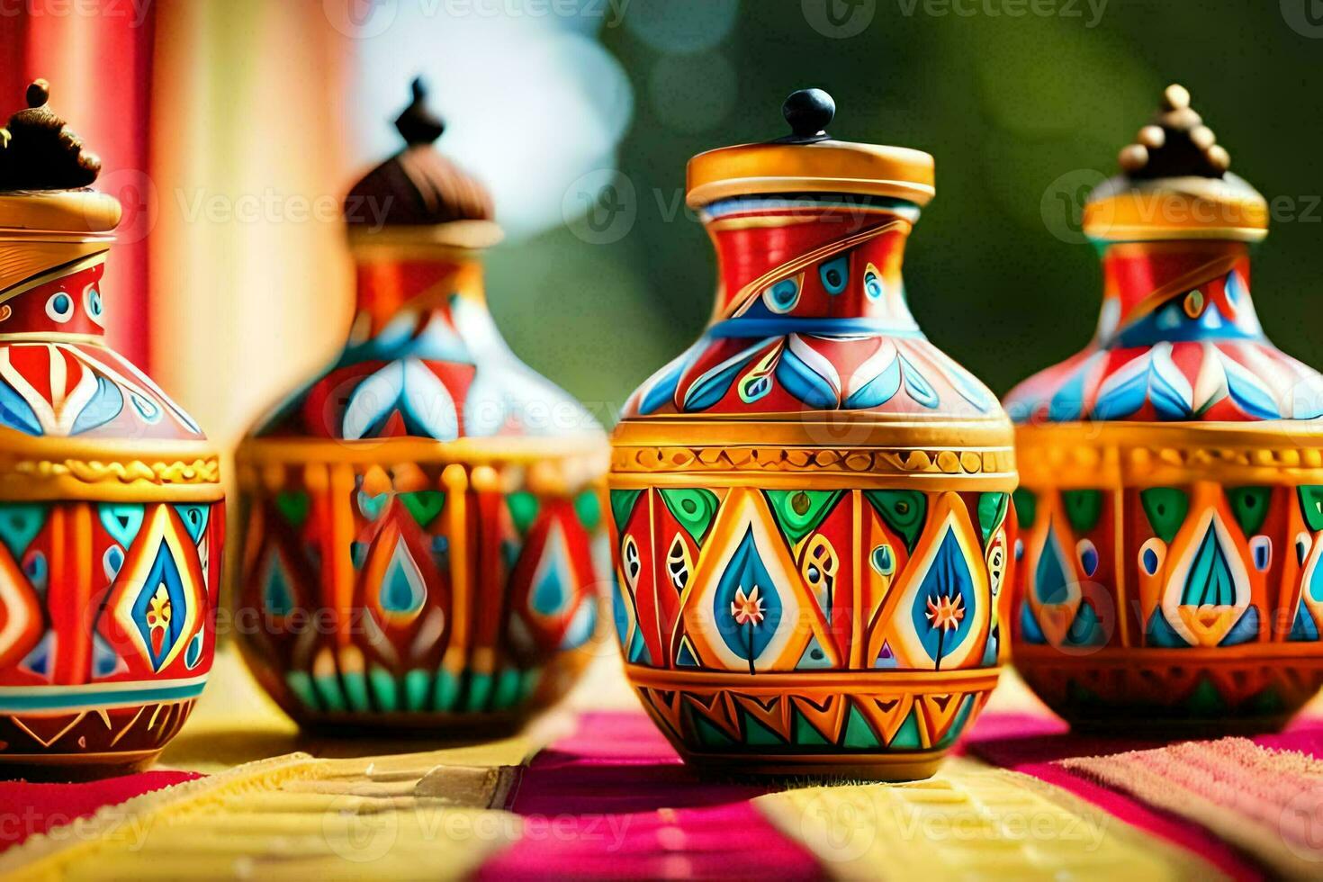 colorful painted vases on a table. AI-Generated photo
