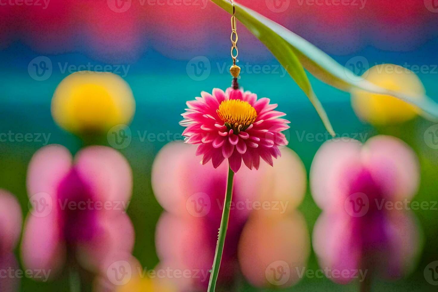 a pink flower is hanging from a string. AI-Generated photo