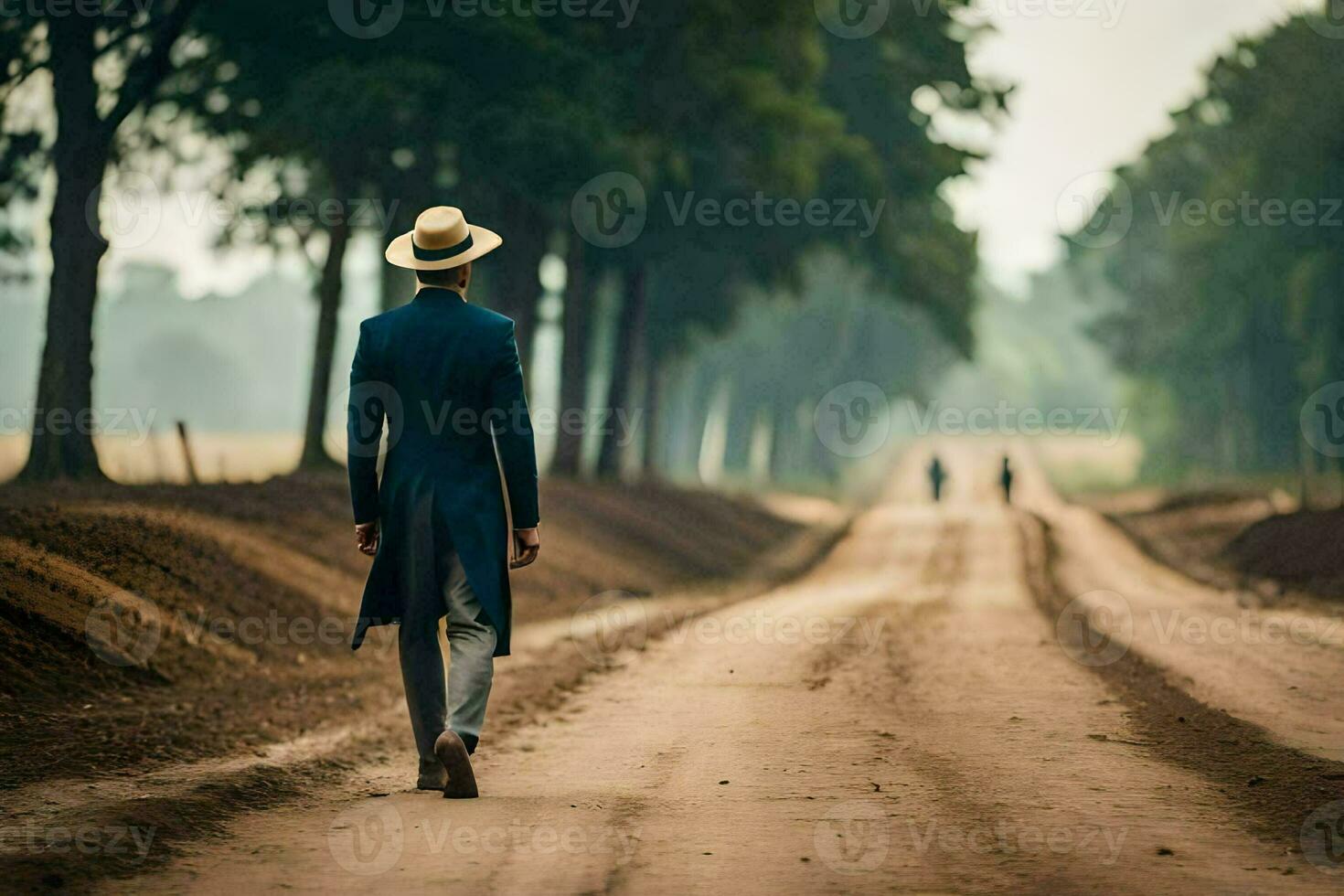 a man in a suit and hat walking down a dirt road. AI-Generated photo