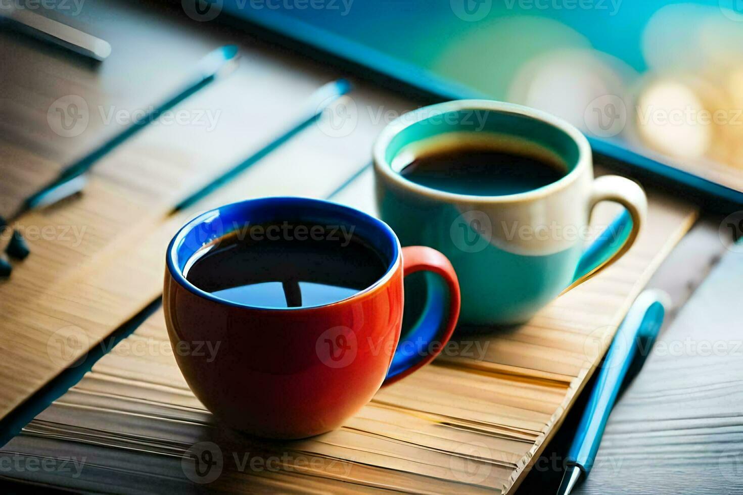 two coffee cups on a table with a pen and a notebook. AI-Generated photo