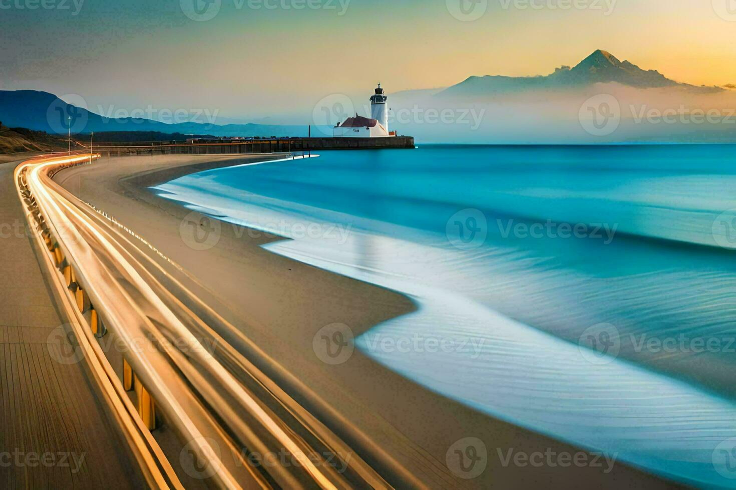 a long exposure photograph of a lighthouse and a beach at sunset. AI-Generated photo