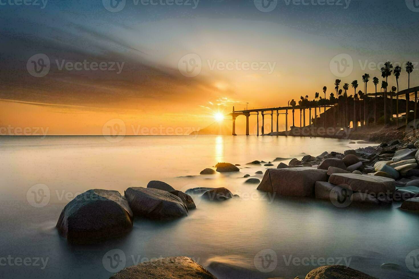 the sun sets over the ocean and rocks. AI-Generated photo