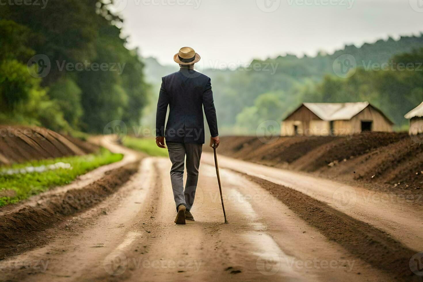 a man in a suit and hat walking down a dirt road. AI-Generated photo