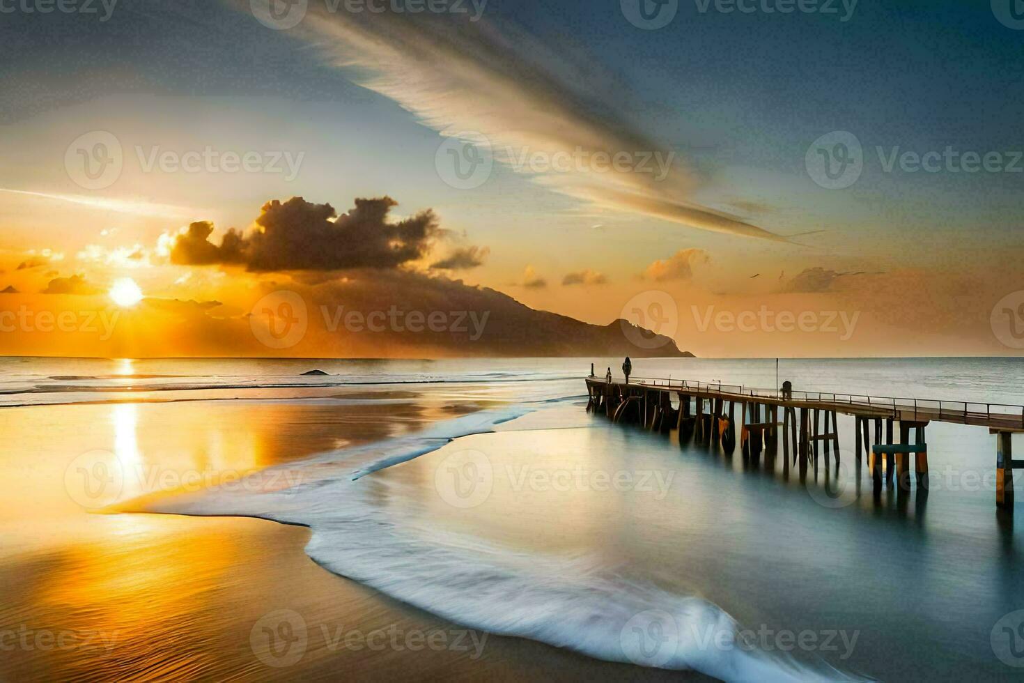 a pier on the beach at sunset. AI-Generated photo