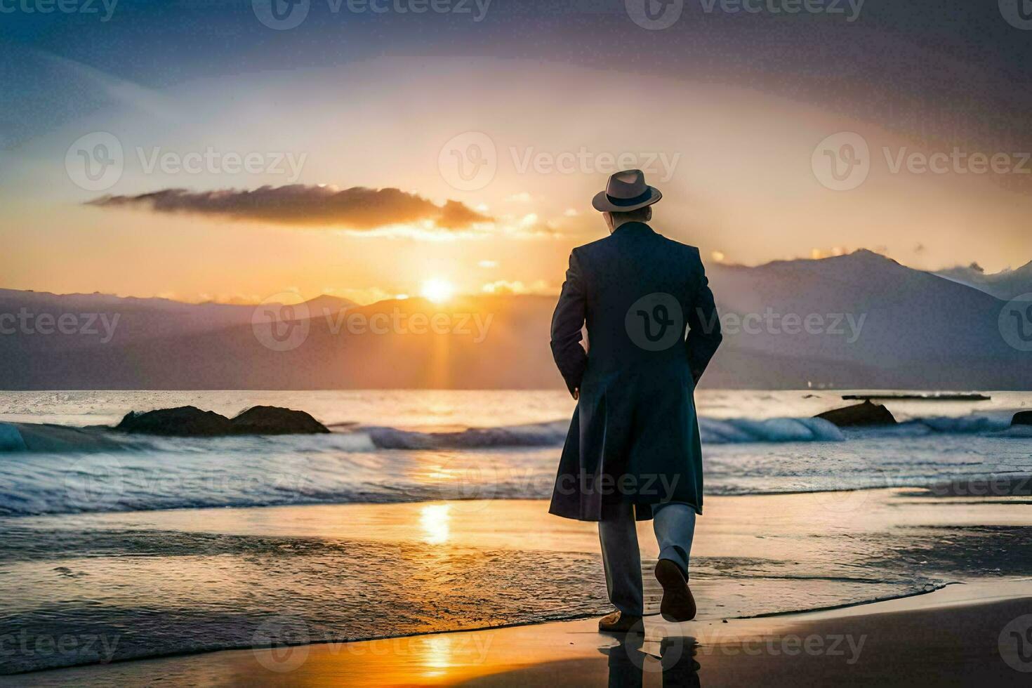a man in a hat and coat walking on the beach at sunset. AI-Generated photo