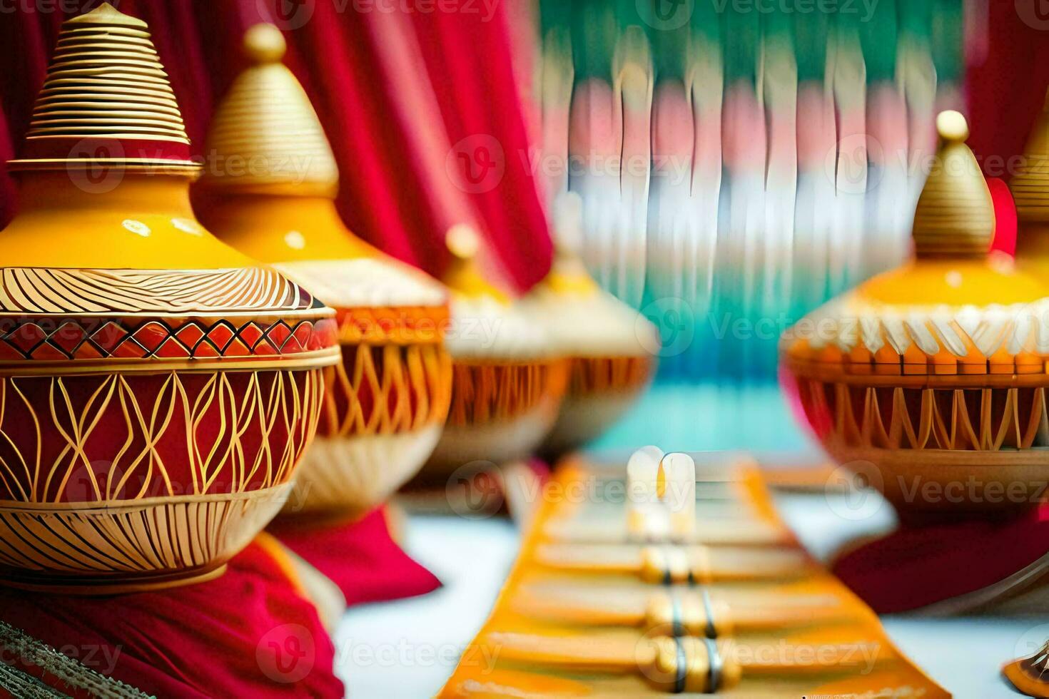a table with many colorful vases on it. AI-Generated photo